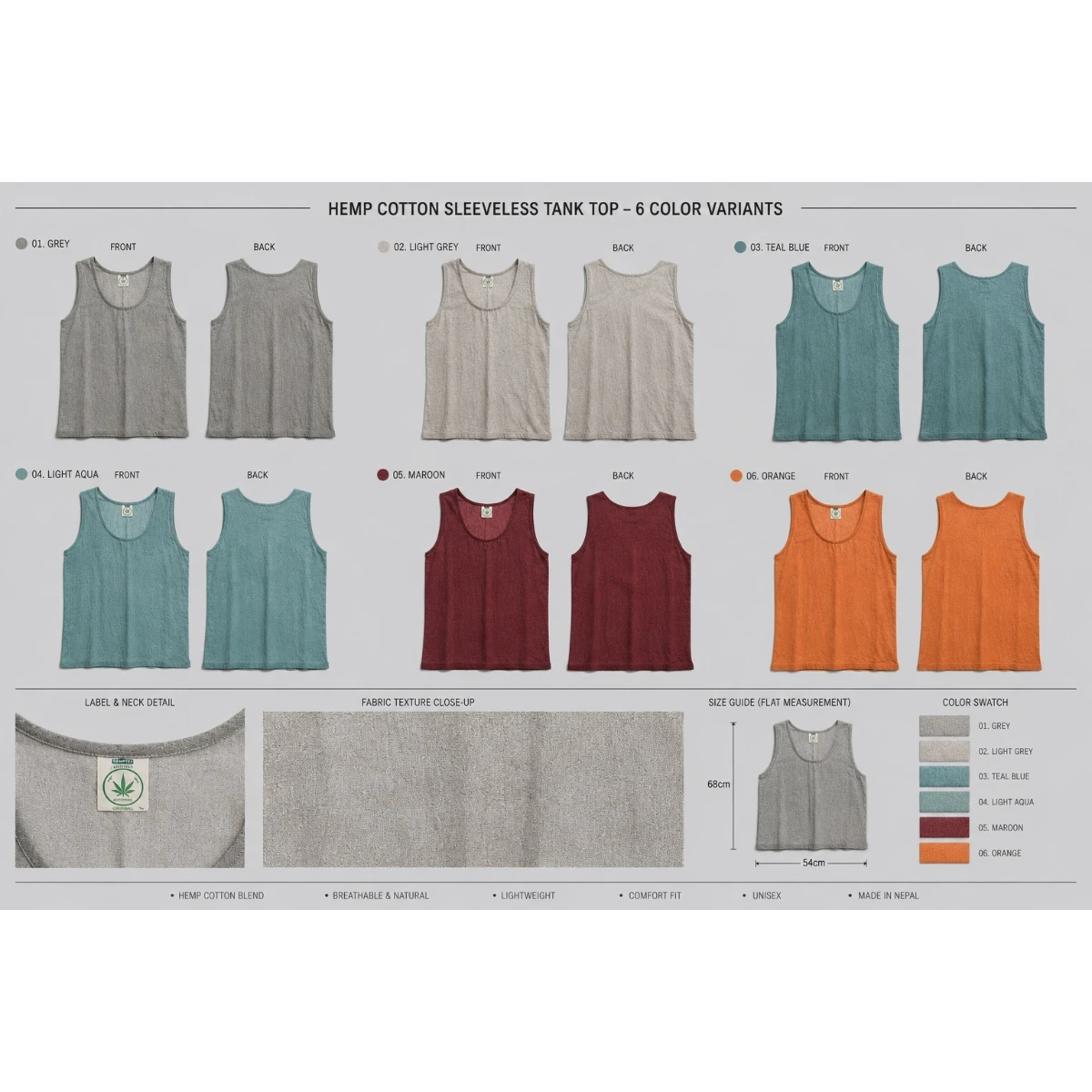 HEMP COTTON SLEEVELESS TANK TOP - 6 COLOR VARIANTS