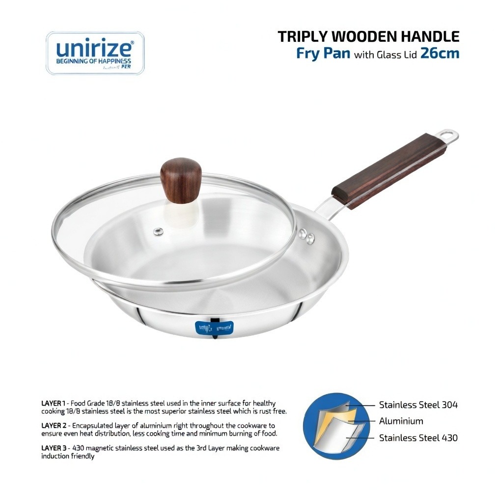 Unirize 26cm Triply Frypan with Wooden Handle & Glass Lid